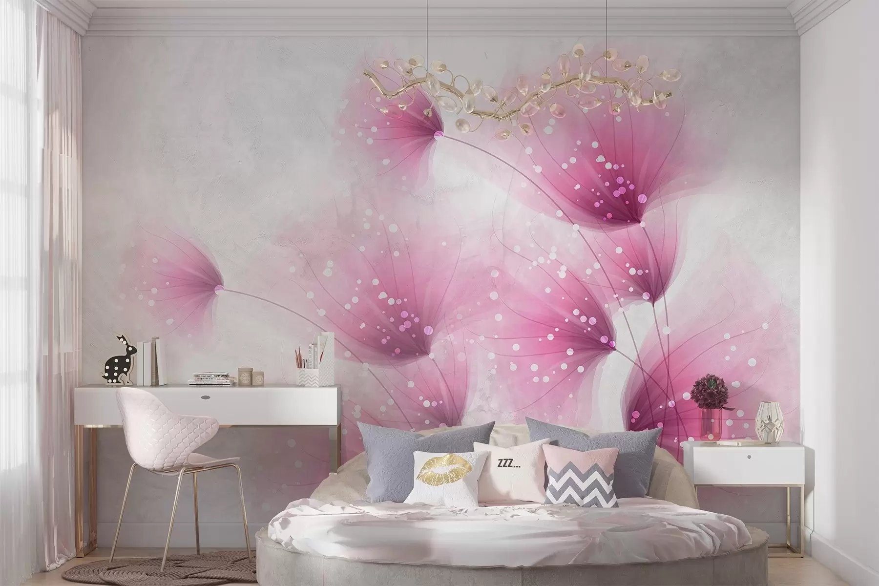 murales de pared Flores de color rosa suave con fondo gris claro de textura borrosa y luces centelleantes w08423