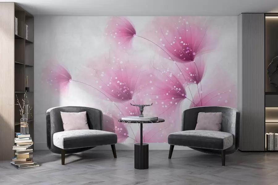 murales de pared Flores de color rosa suave con fondo gris claro de textura borrosa y luces centelleantes w08423