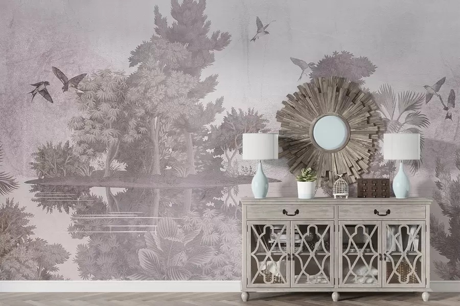 murales de pared Impresión de un paisaje forestal con un lago rodeado de pinos y otros follajes sobre un fondo beige texturizado w08426