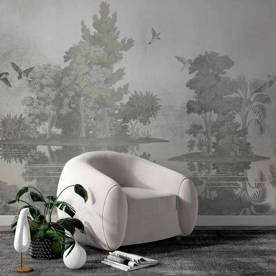 murales de pared Impresión de un paisaje forestal con un lago rodeado de pinos y otro follaje sobre un fondo verde texturizado w08426v1