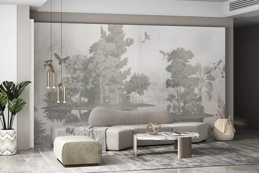 murales de pared Impresión de un paisaje forestal con un lago rodeado de pinos y otro follaje sobre un fondo verde texturizado w08426v1