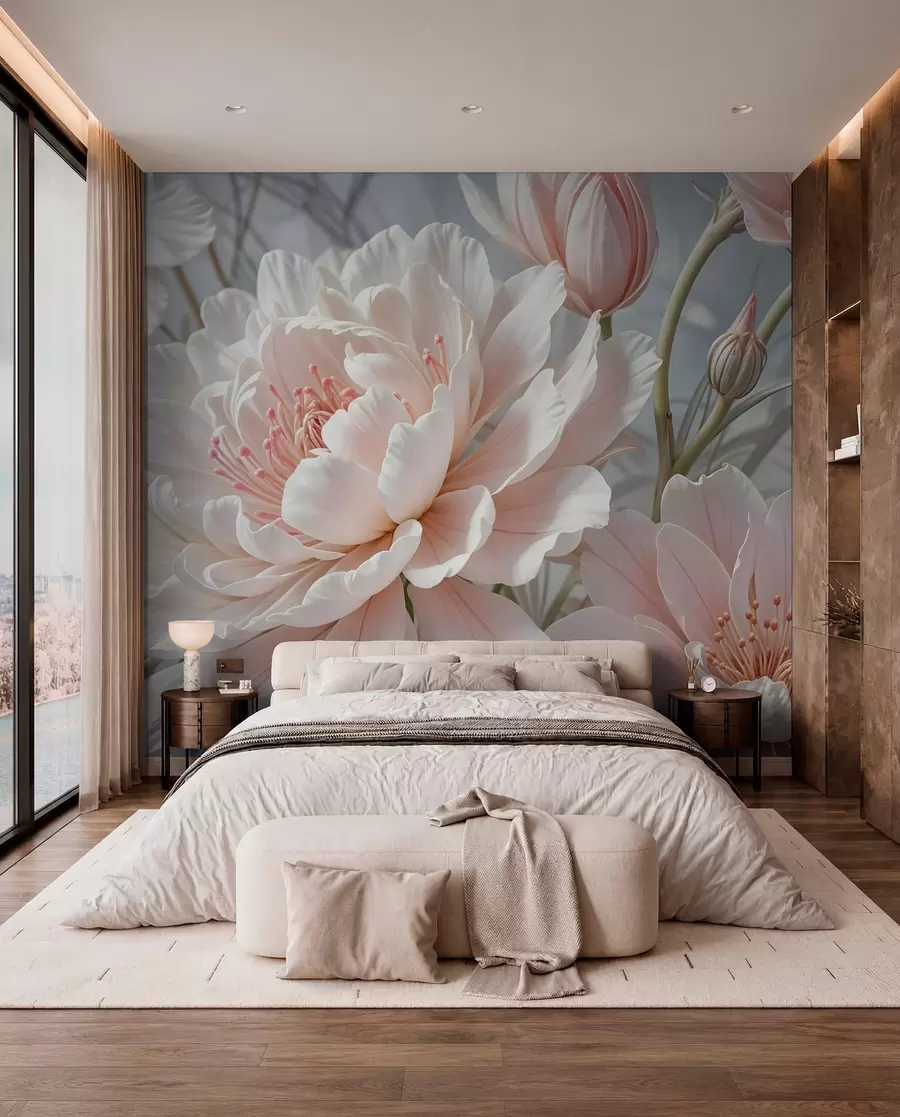 murales de pared Grandes y delicadas flores de peonía blancas y rosas con pétalos suaves y esponjosos sobre un fondo gris difuminado w08427