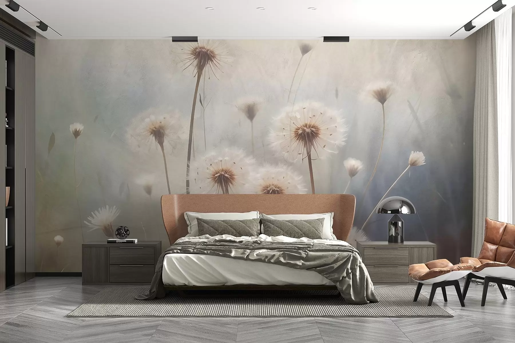 murales de pared Flores de diente de león suavemente enfocadas en un campo, con un fondo borroso de textura de color pastel w08432