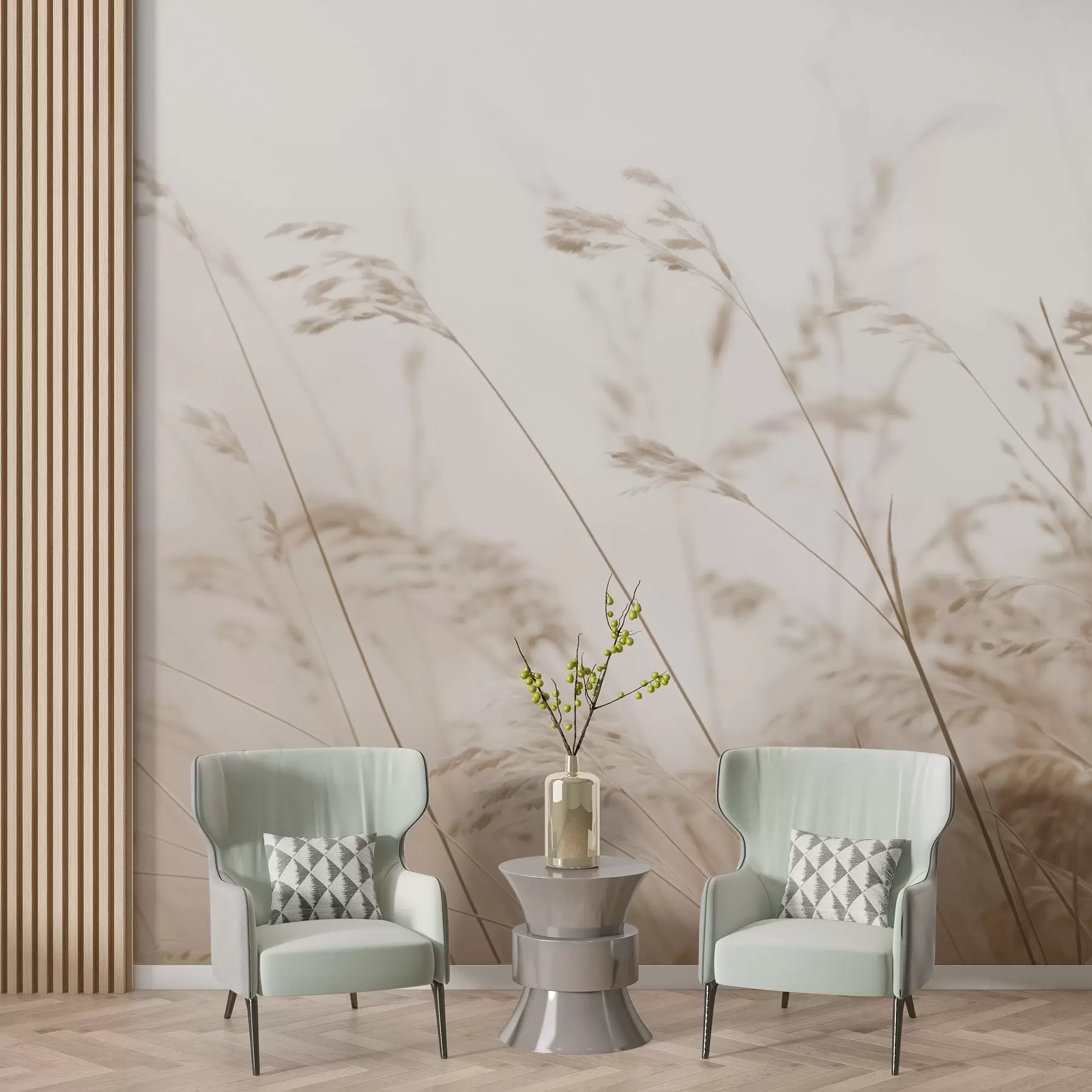 murales de pared Pastos en un amanecer de niebla w02250