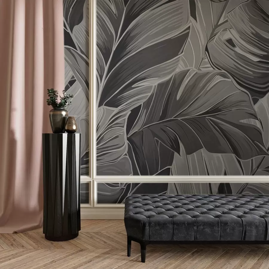 murales de pared Follaje tropical monocromo en blanco y negro w02261