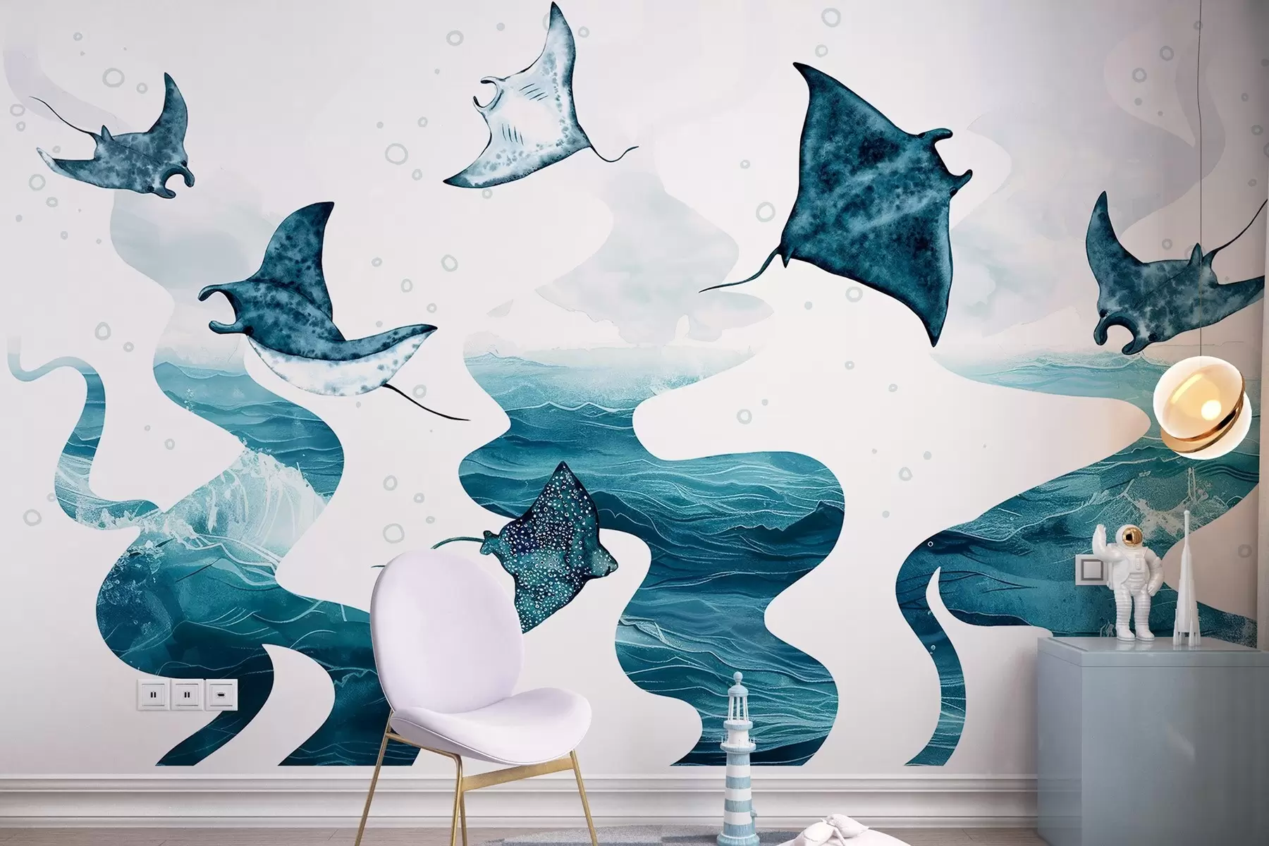 murales de pared Pez manta raya, estilo acuarela, mar, océano, colores azules w02266