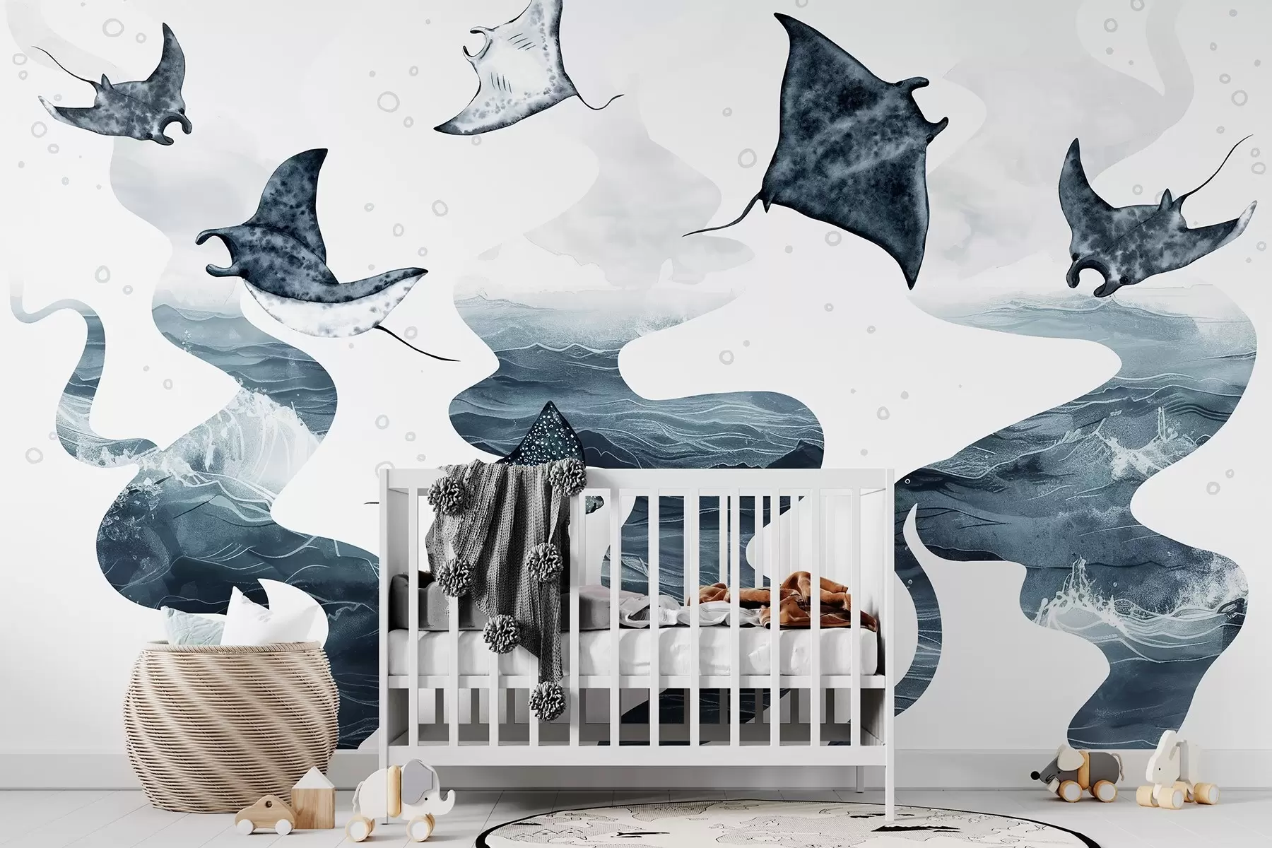 murales de pared Pez manta raya, estilo acuarela, mar, océano, colores grises w02266v1
