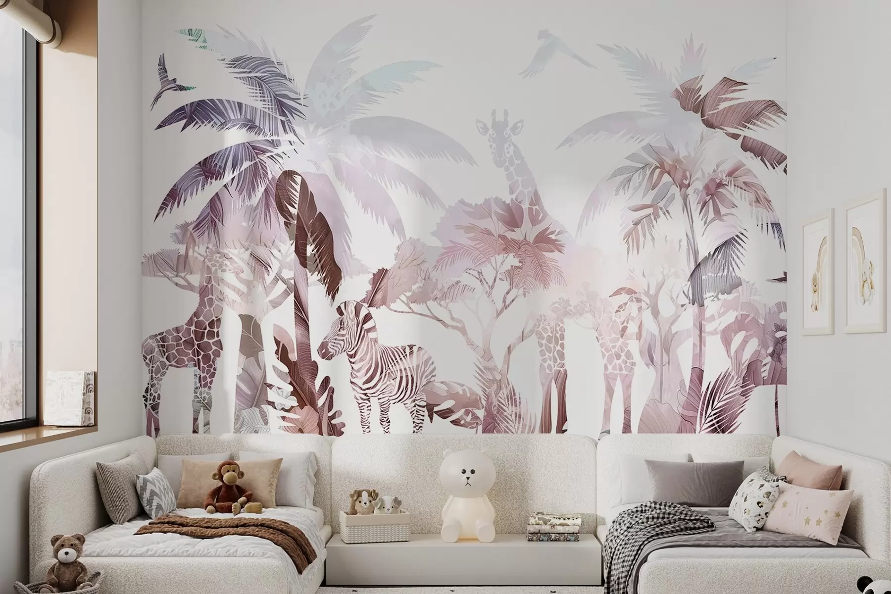 murales de pared Animales de safari, palmeras, selvas, cebra, jirafa, colores rosa suave w02267v1