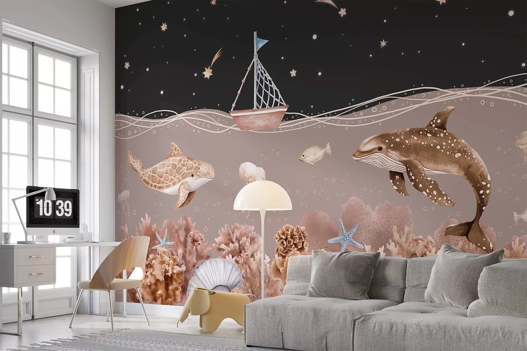 murales de pared Vida marina, estilo acuarela, corales, barco, delfín, medusa, cielo nocturno estrellado, colores beige w02310v1