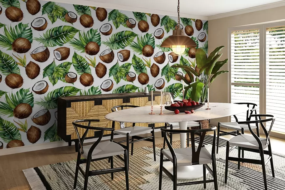 murales de pared estampado tropical con cocos y hojas w02293