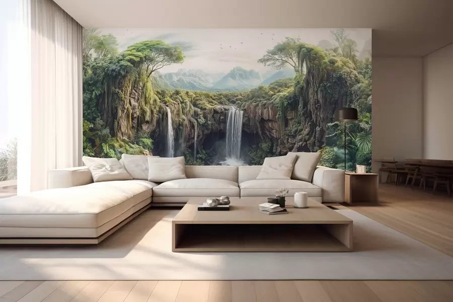 murales de pared gran panorámica del cañón con árboles y una cascada w02294