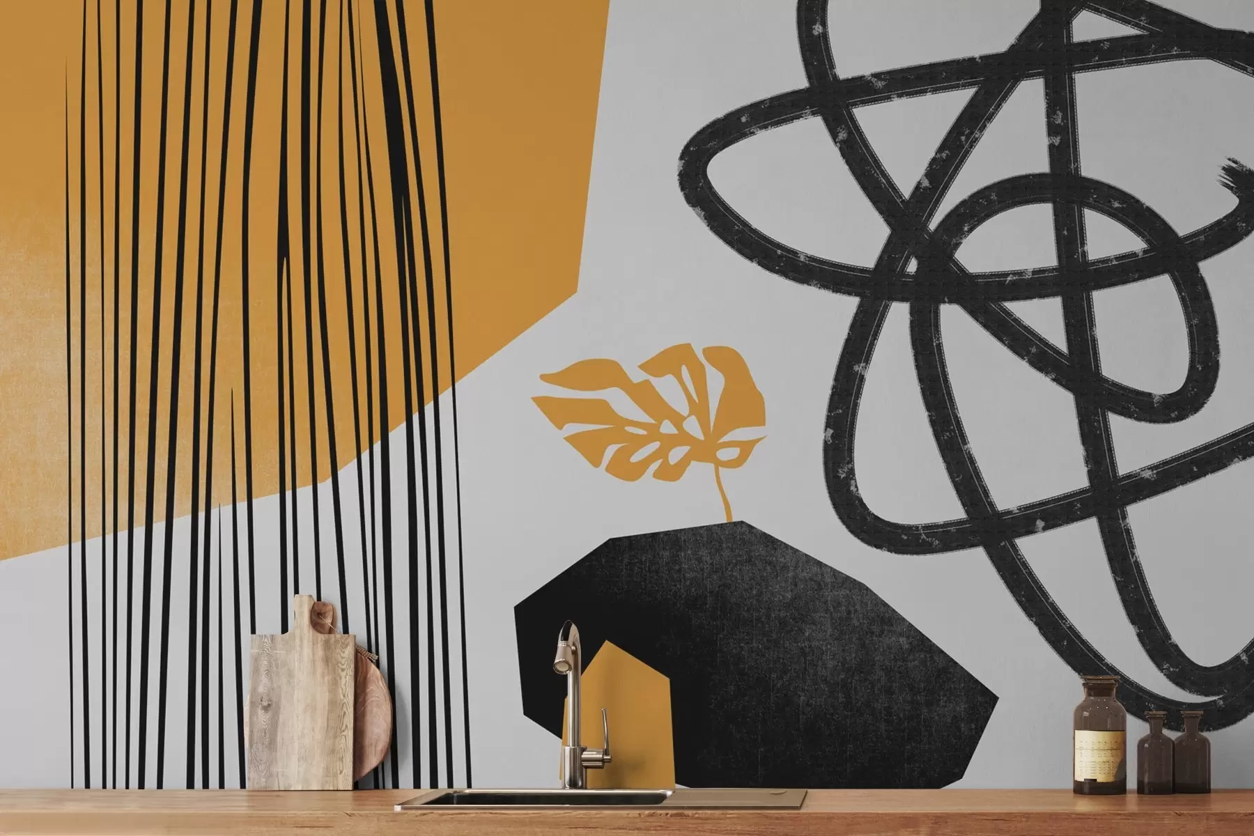 murales de pared Rayas, líneas y manchas texturizadas, amarillas y negras w02336