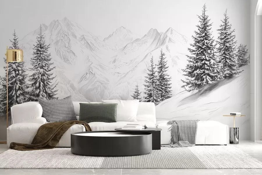 murales de pared Montañas nevadas, dibujo a lápiz, minimalismo, bosque, naturaleza w02351