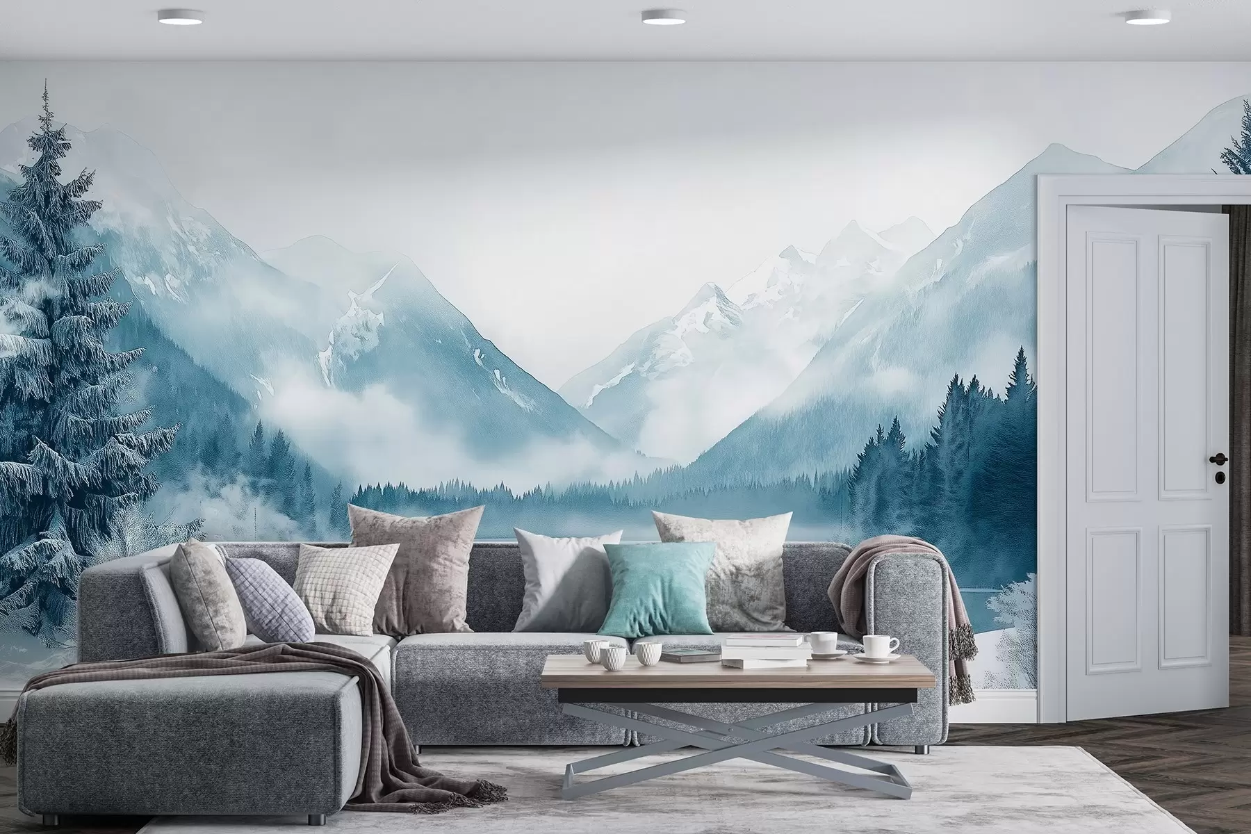 murales de pared Montañas invernales, lago helado, bosque de pinos, paleta de colores azules, estilo acuarela w02354