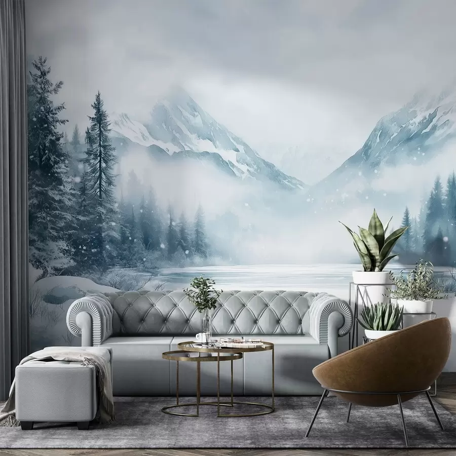 murales de pared Montañas alpinas en la nieve, estilo acuarela, invierno, colores azules, pinos w02356