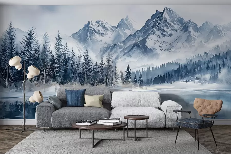 murales de pared Los Alpes nevados, bosque invernal, lago helado, paleta de colores azules  w02358