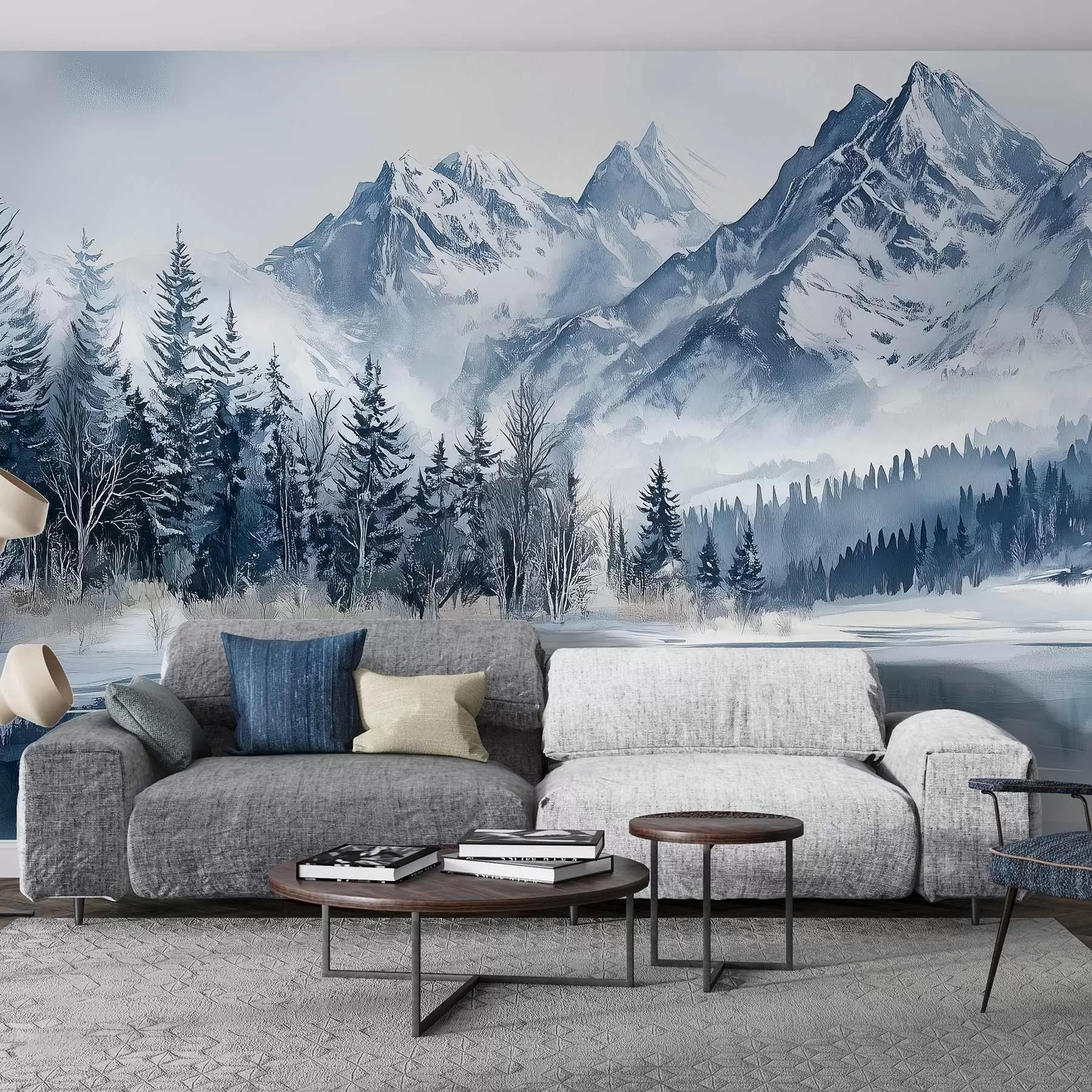 murales de pared Los Alpes nevados, bosque invernal, lago helado, paleta de colores azules  w02358