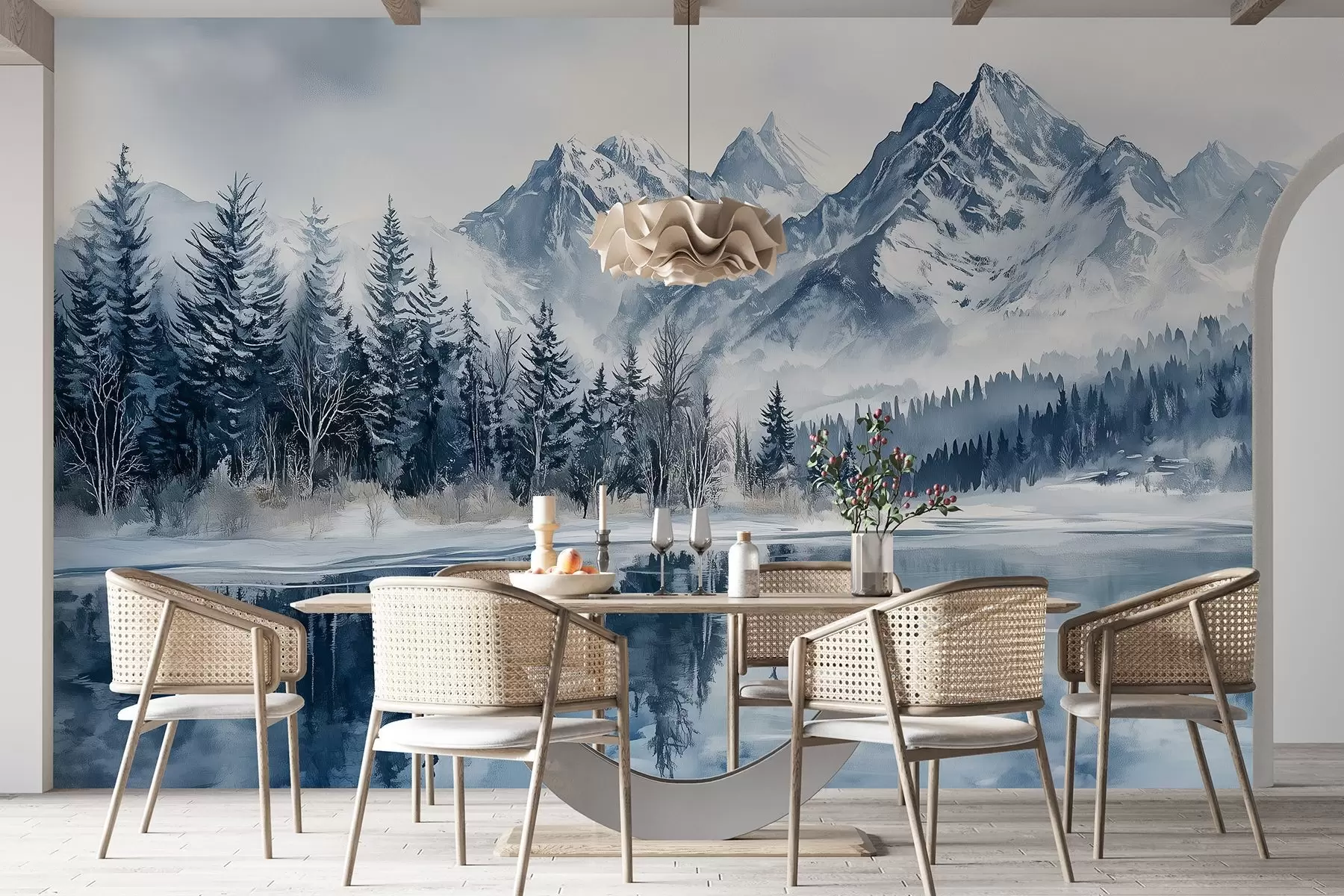 murales de pared Los Alpes nevados, bosque invernal, lago helado, paleta de colores azules  w02358