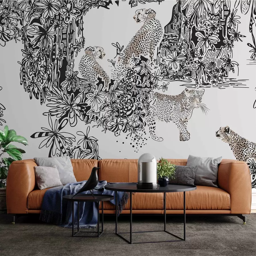 murales de pared Leopardo y árboles en tonos grises w02364v1