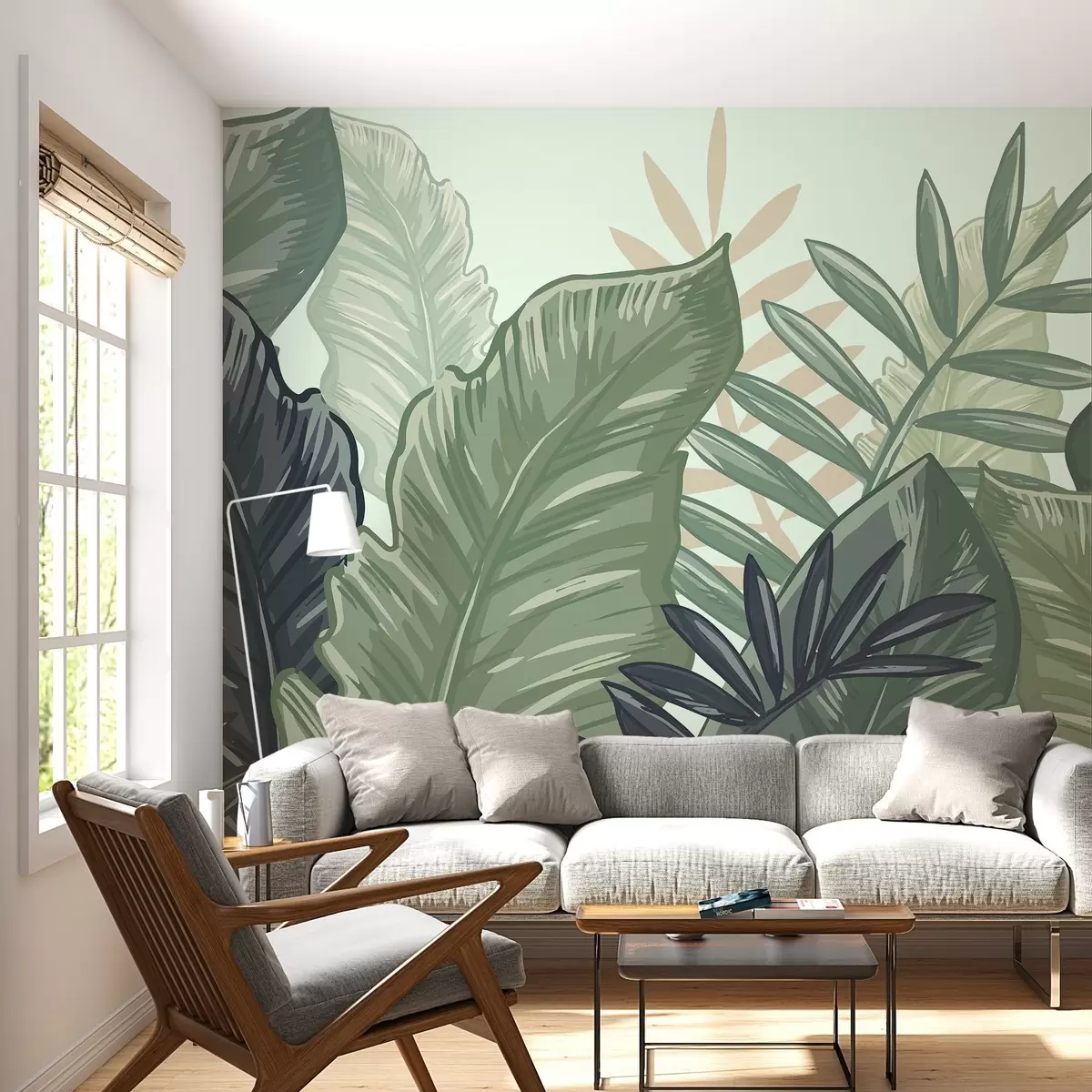 murales de pared Hojas tropicales con fondo azul claro w02367v1