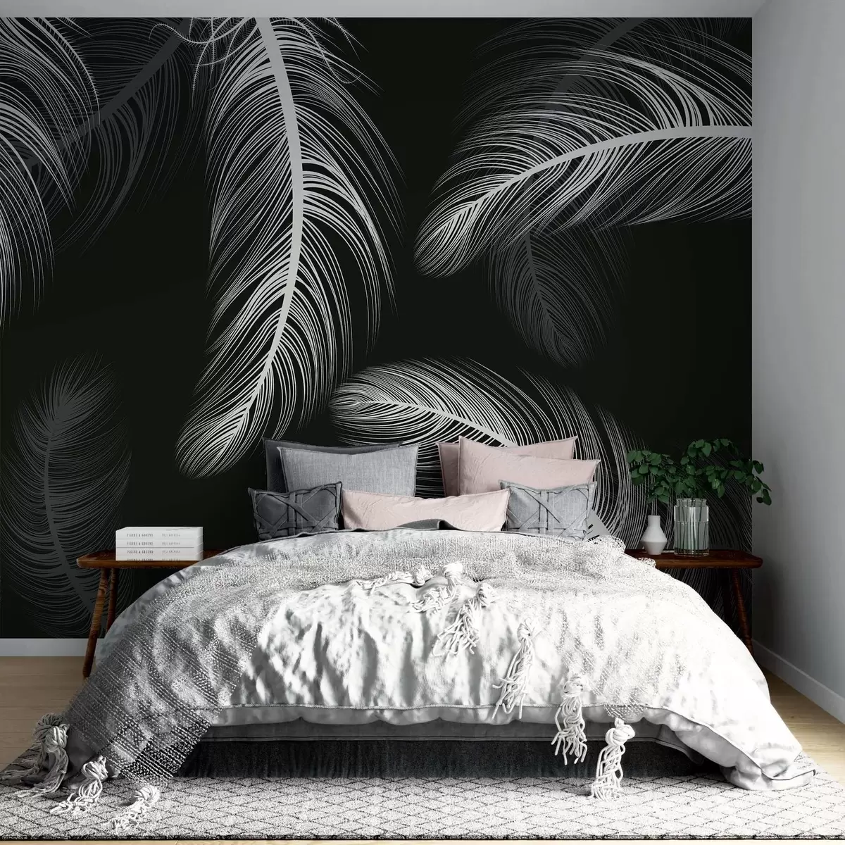 murales de pared Plumas blancas sobre fondo negro w02369v4