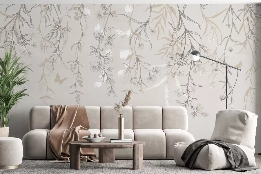 murales de pared Delgadas flores lineales que cuelgan de la montaña w02007