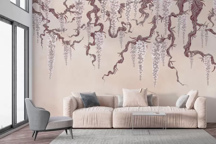 murales de pared Glicinias rosas sobre fondo grunge beige empolvado w02372v1