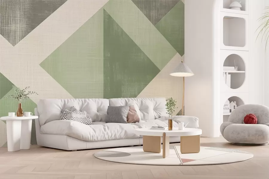 murales de pared Moderno diseño geométrico de papel pintado con formas superpuestas en suaves tonos beige y marrón w02341v2