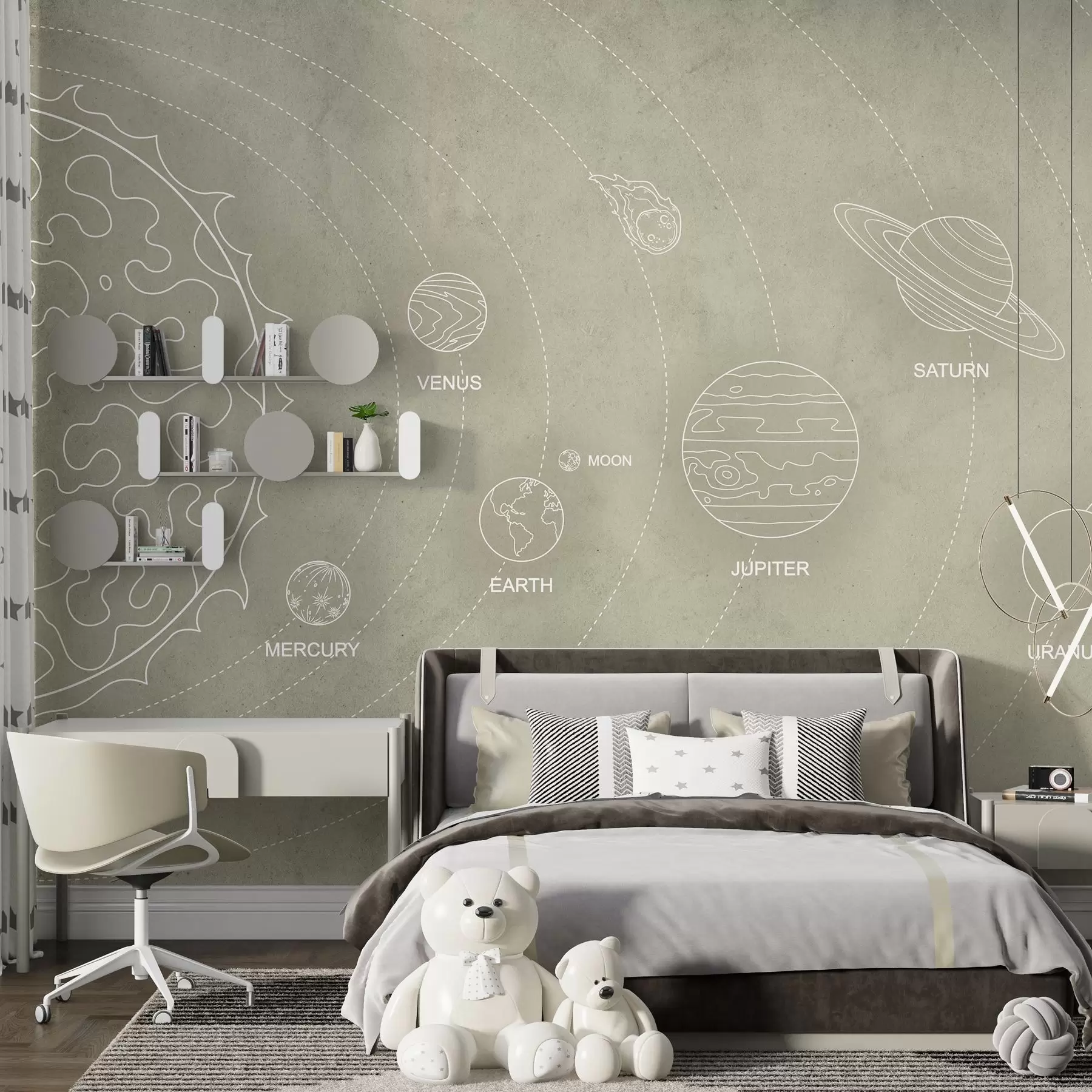 murales de pared Sistema solar de estilo minimalista sobre un fondo de textura beige w02344