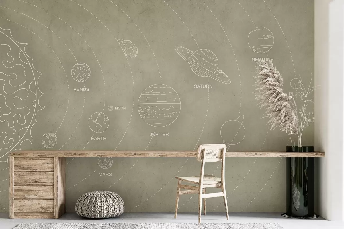 murales de pared Sistema solar de estilo minimalista sobre un fondo de textura beige w02344