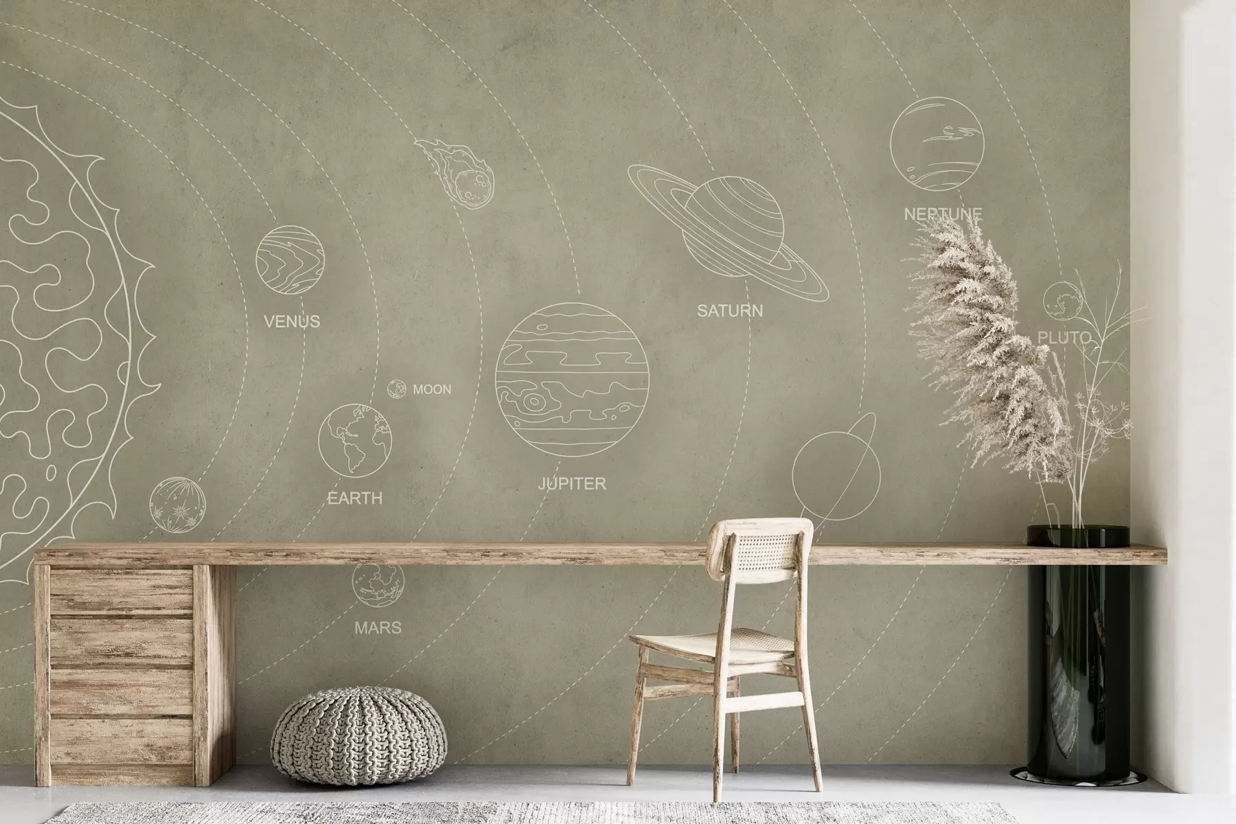 murales de pared Sistema solar de estilo minimalista sobre un fondo de textura beige w02344