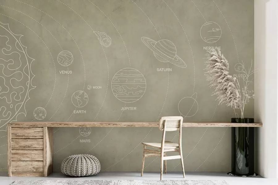 murales de pared Sistema solar de estilo minimalista sobre un fondo de textura beige w02344