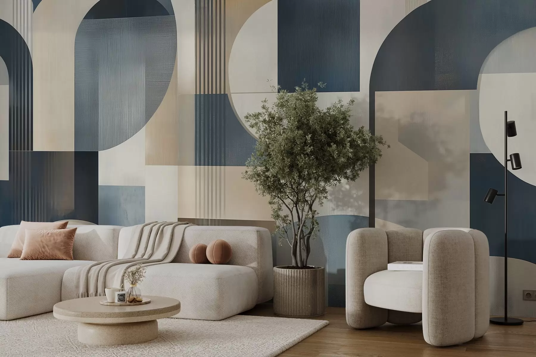 murales de pared Papel pintado Art Déco con motivos geométricos en tonos azules, beige y lechosos w02346
