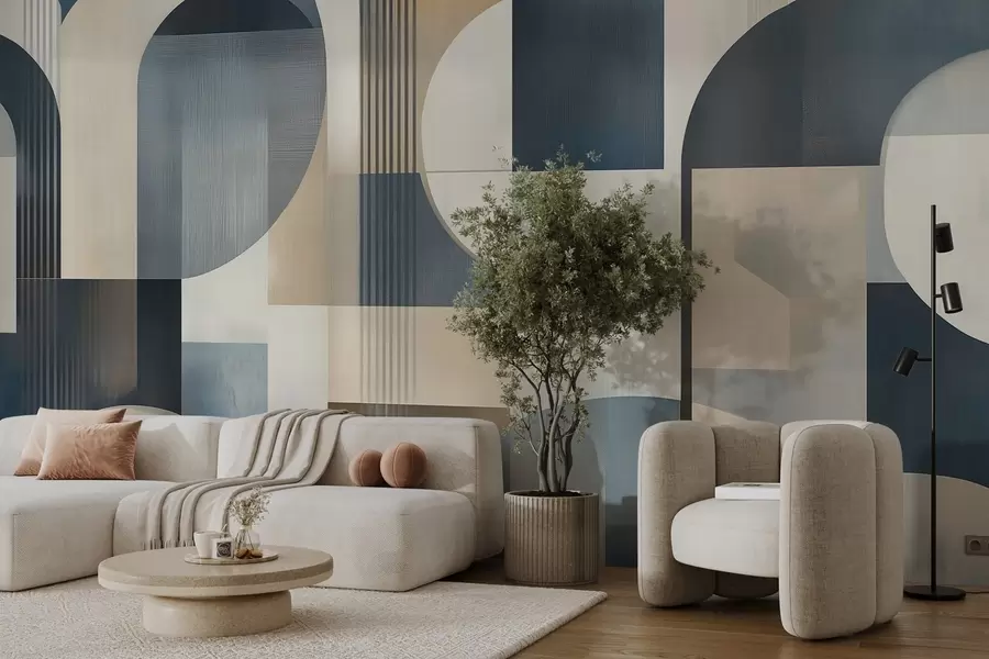 murales de pared Papel pintado Art Déco con motivos geométricos en tonos azules, beige y lechosos w02346