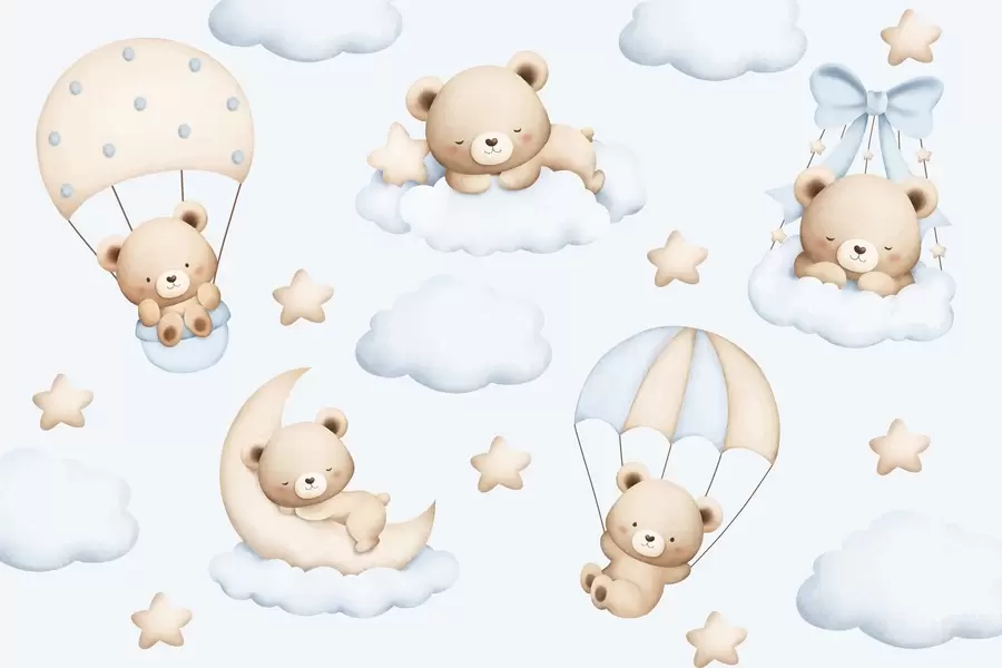 murales de pared Osos en paracaídas y nubes sobre fondo azul w02385