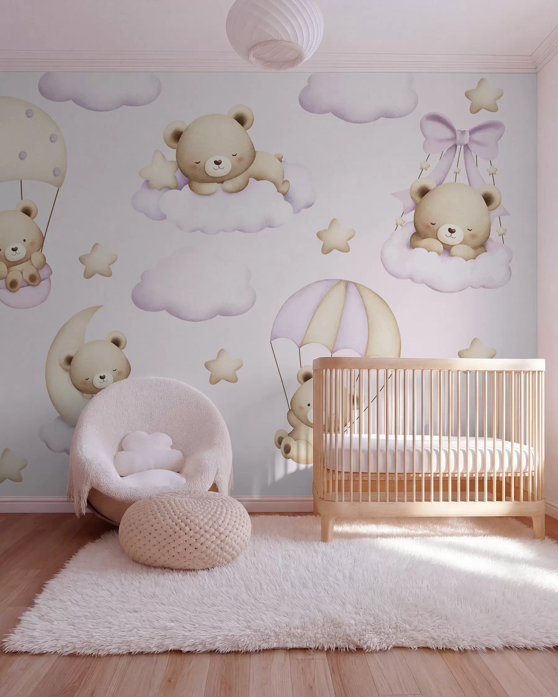 murales de pared Osos en paracaídas y nubes sobre fondo rosa w02385v1
