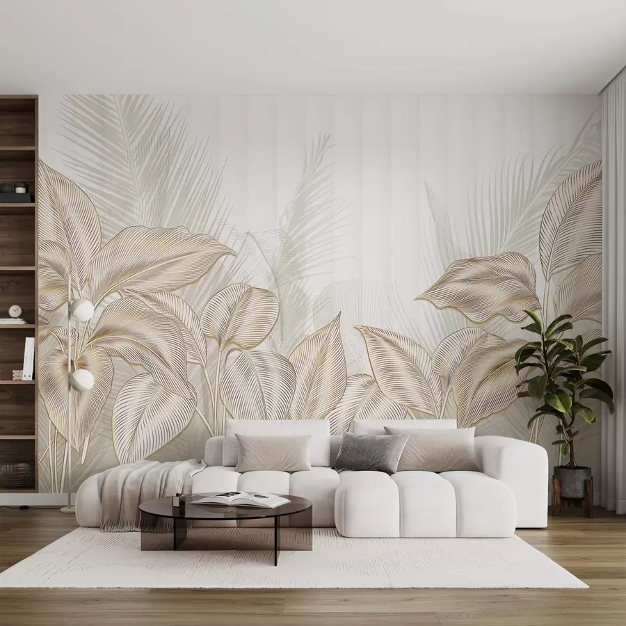 murales de pared Elegantes hojas de palmera blancas y beige sobre un fondo claro y texturizado w08434