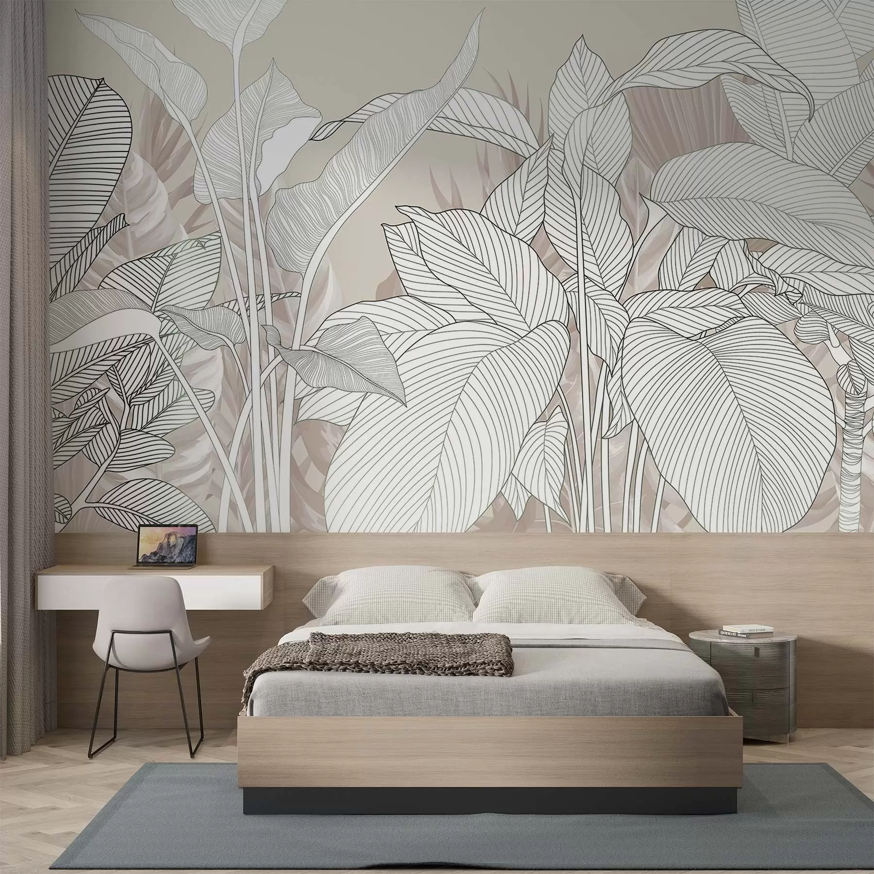 murales de pared Ilustración monocroma de grandes hojas y follaje estilizados con intrincadas líneas y texturas w08436v1