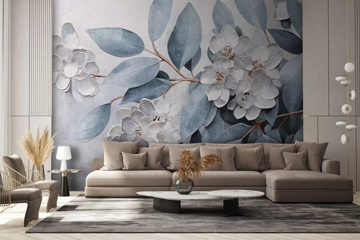 murales de pared Delicadas flores blancas con hojas de color verde grisáceo sobre un fondo suave y apagado en estilo de pintura al óleo  w08437