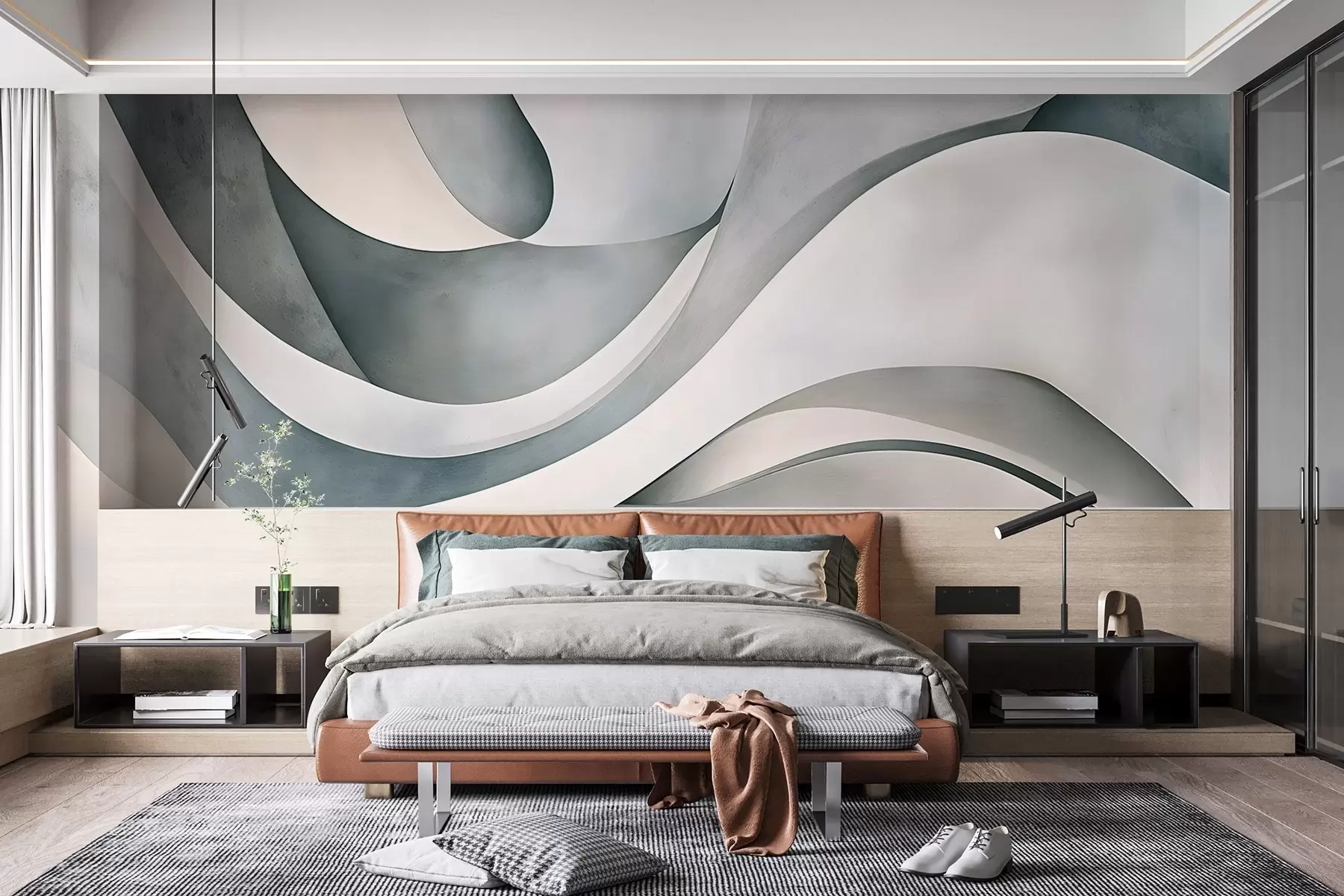 murales de pared Formas curvas en blanco, azul y gris, creando un estampado minimalista, moderno y abstracto  w08439v1