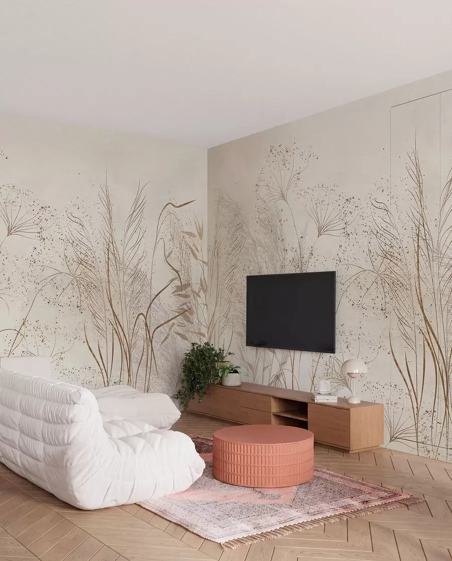 murales de pared Ilustración monocroma de varias plantas y espiguillas de color beige con líneas y texturas delicadas y tenues  w08441