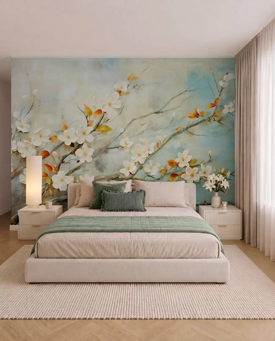 murales de pared Flores blancas de cerezo en ramas sobre un fondo azul y verde suave en estilo de pintura al óleo w08444