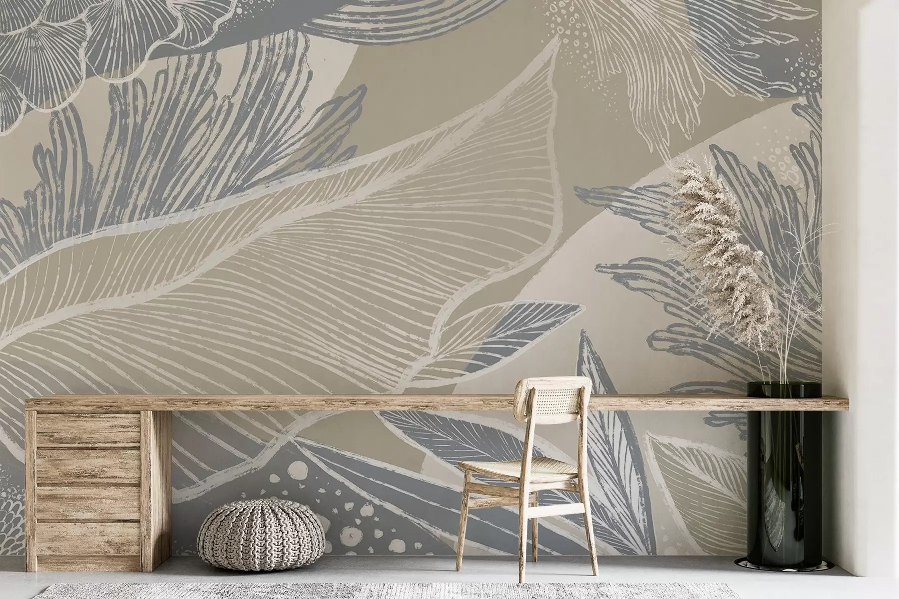 murales de pared Estampado abstracto en azul pastel y blanco con formas y líneas orgánicas y una paleta de colores apagados w08450