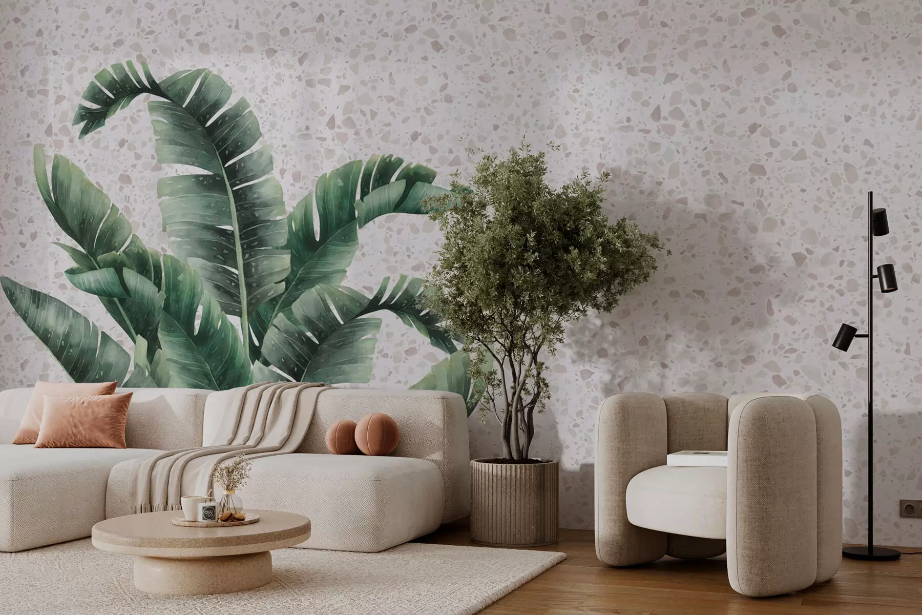 murales de pared Hojas tropicales y fondo de terrazo w02376