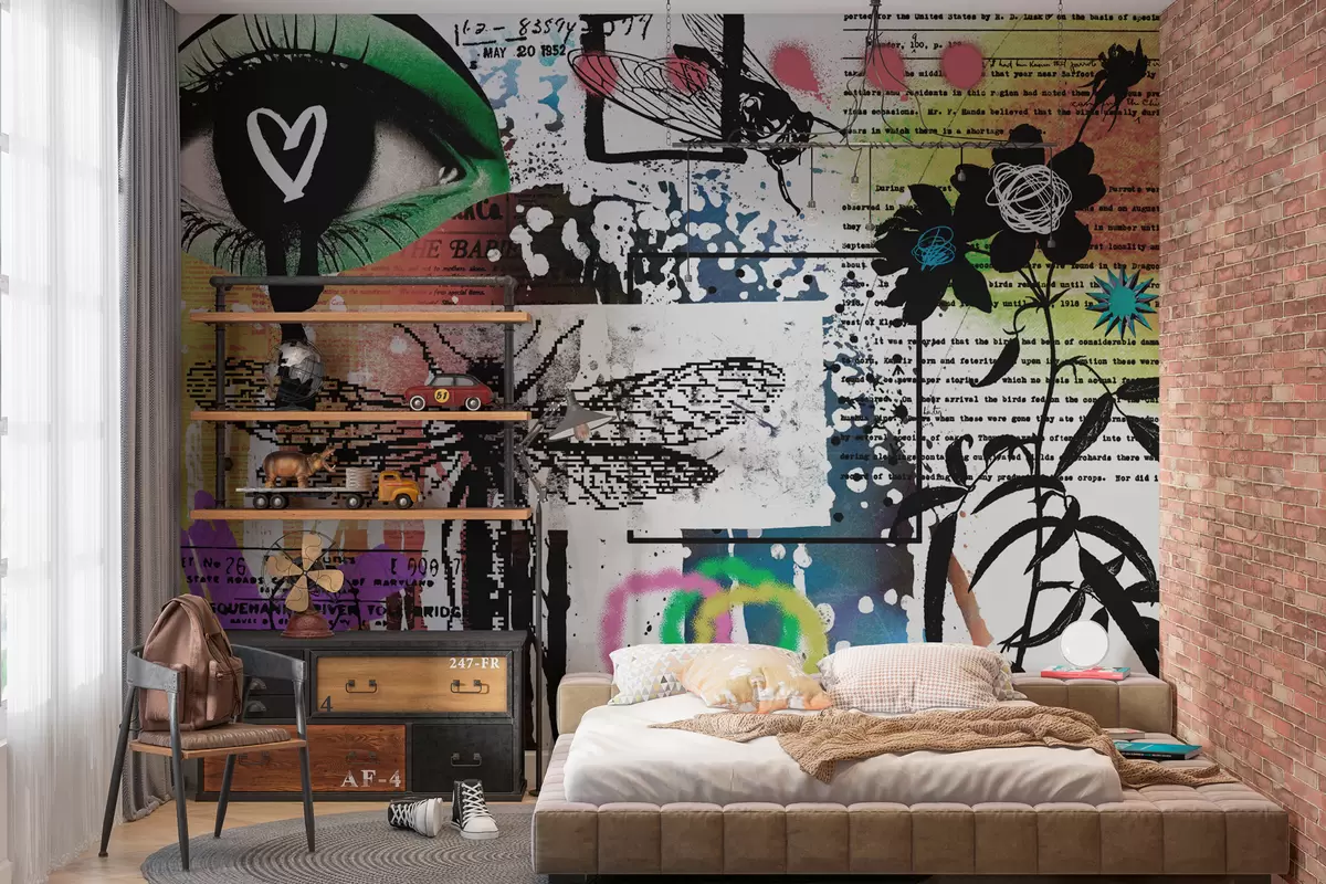 murales de pared Inscripciones estilo graffiti, flores, figuras w02255
