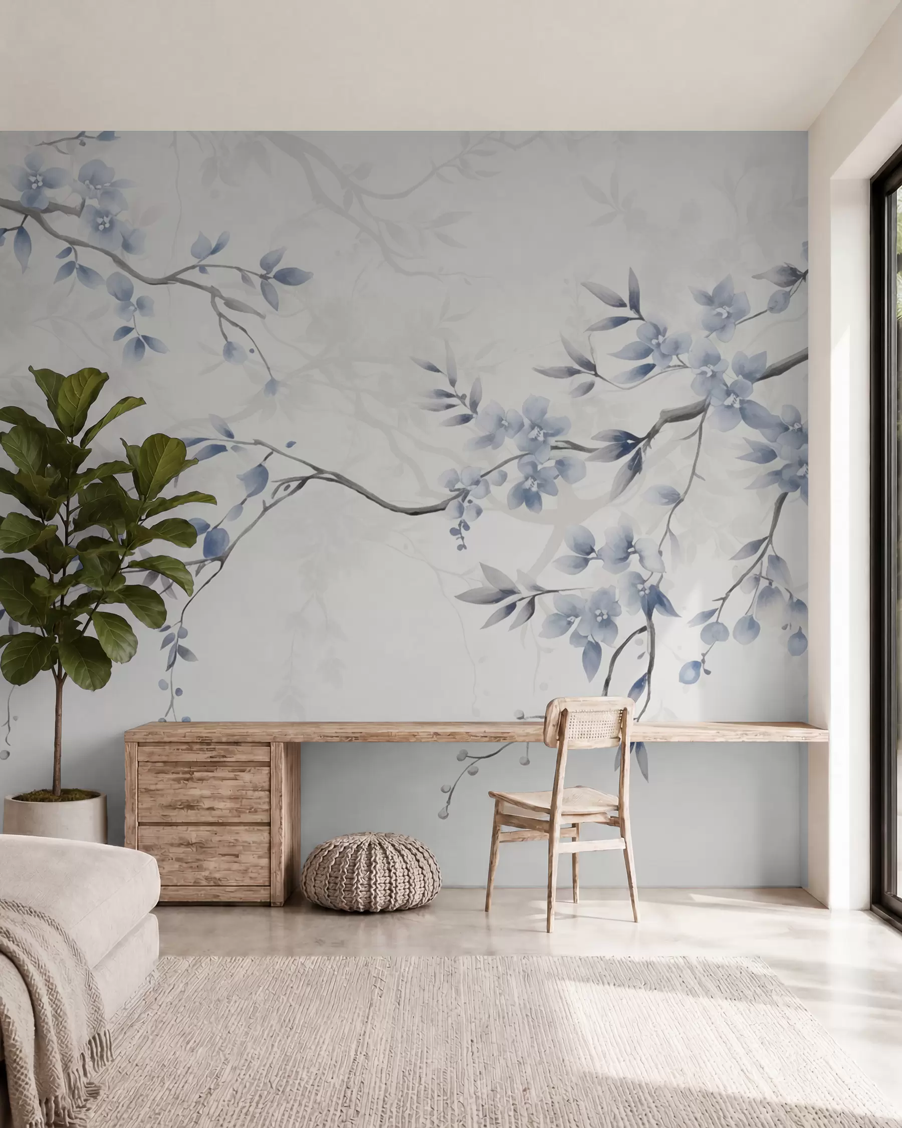murales de pared Ramas de moda con flores y hojas w02449