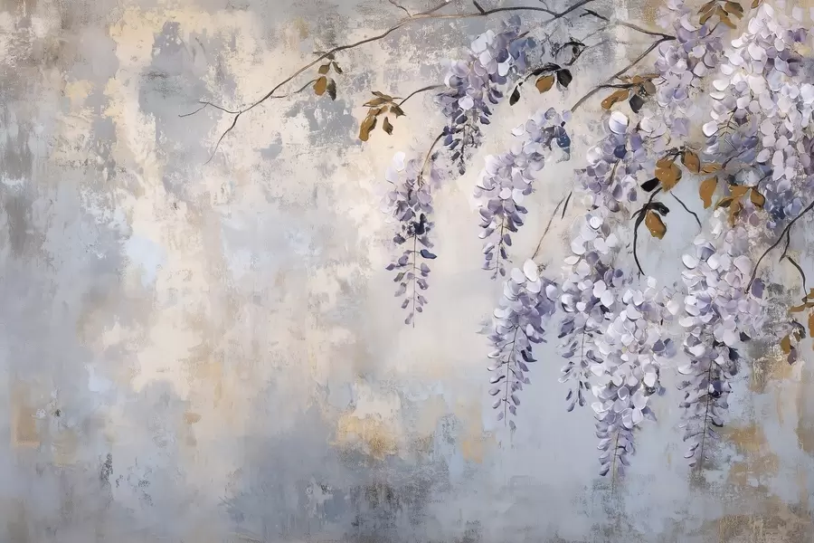 murales de pared papel pintado texturizado en colores suaves y apagados con delicadas flores y ramas de glicinia w02451