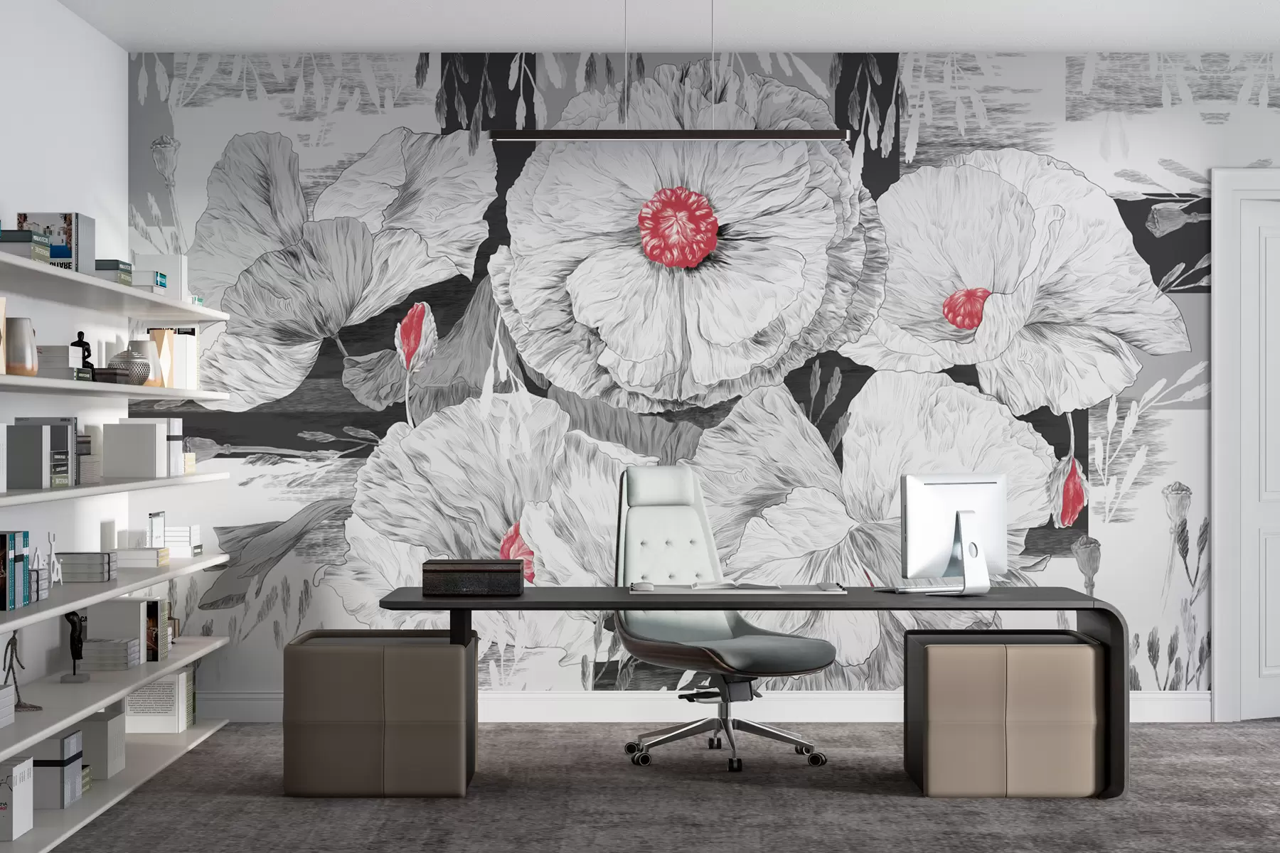 murales de pared Flores blancas y negras con centros rojos w02477