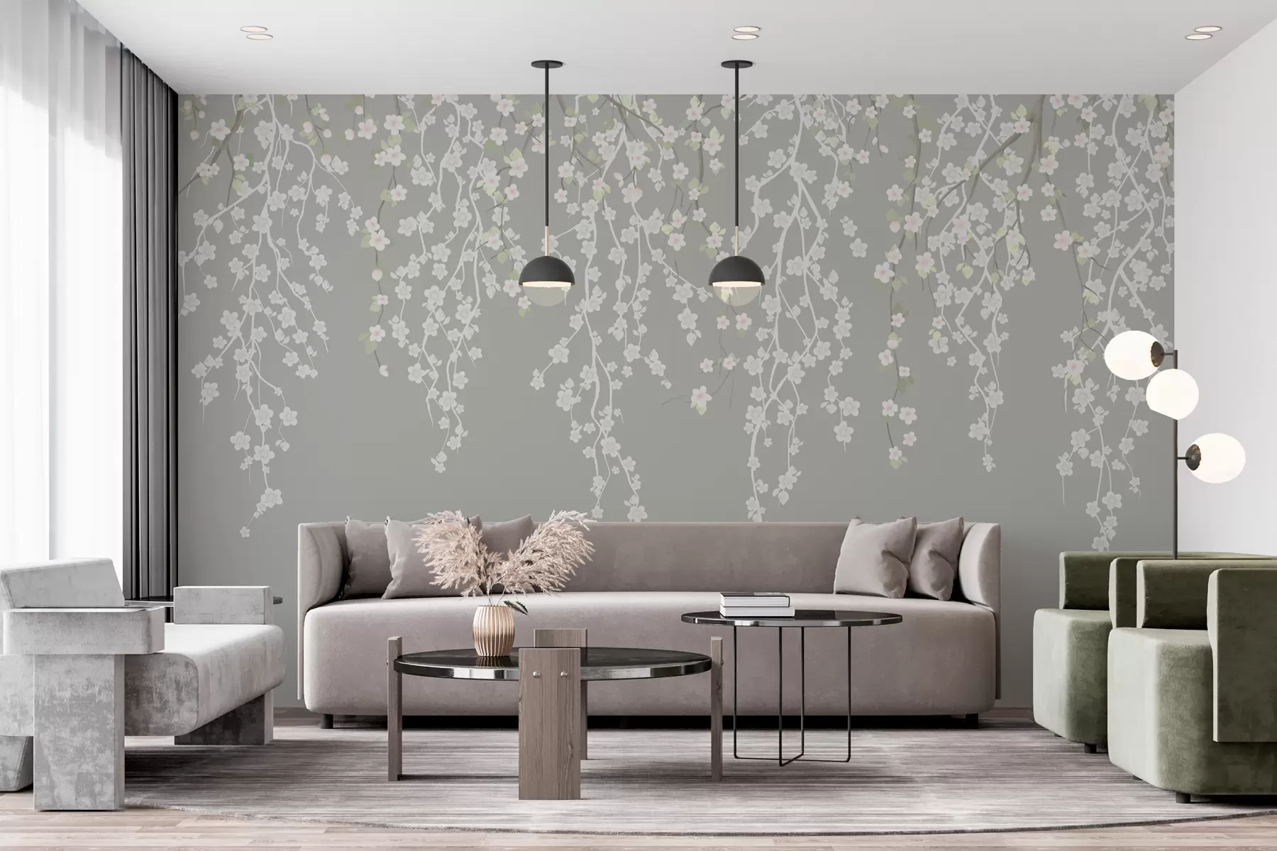 murales de pared Ramas delicadas con flores sobre fondo gris w02479v1