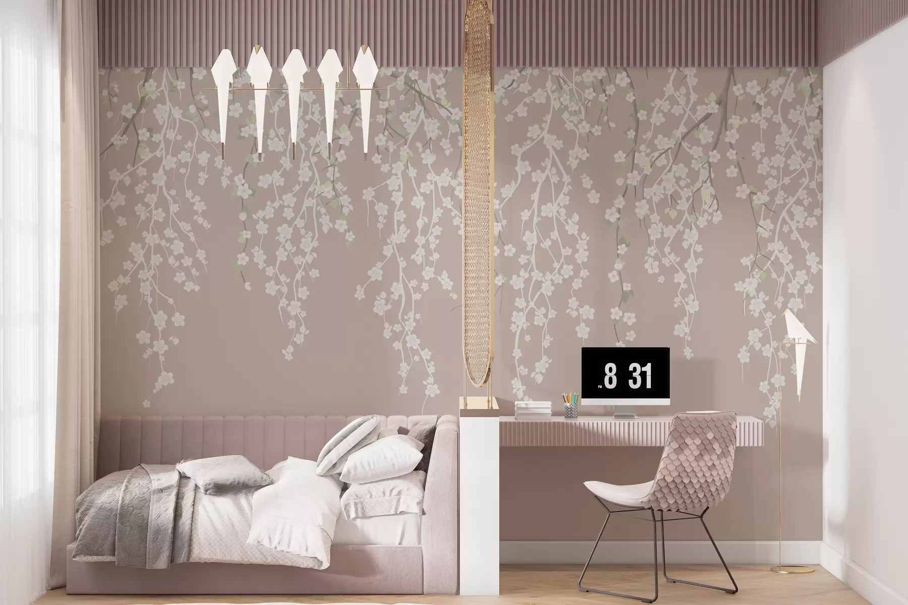 murales de pared Ramas delicadas con flores sobre fondo pastel w02479v2
